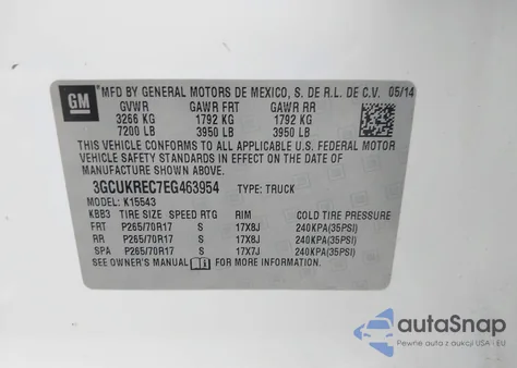 2014 Chevrolet Silverado 1500 1Lt from USA, damaged, VIN 3GCUKREC7EG463954